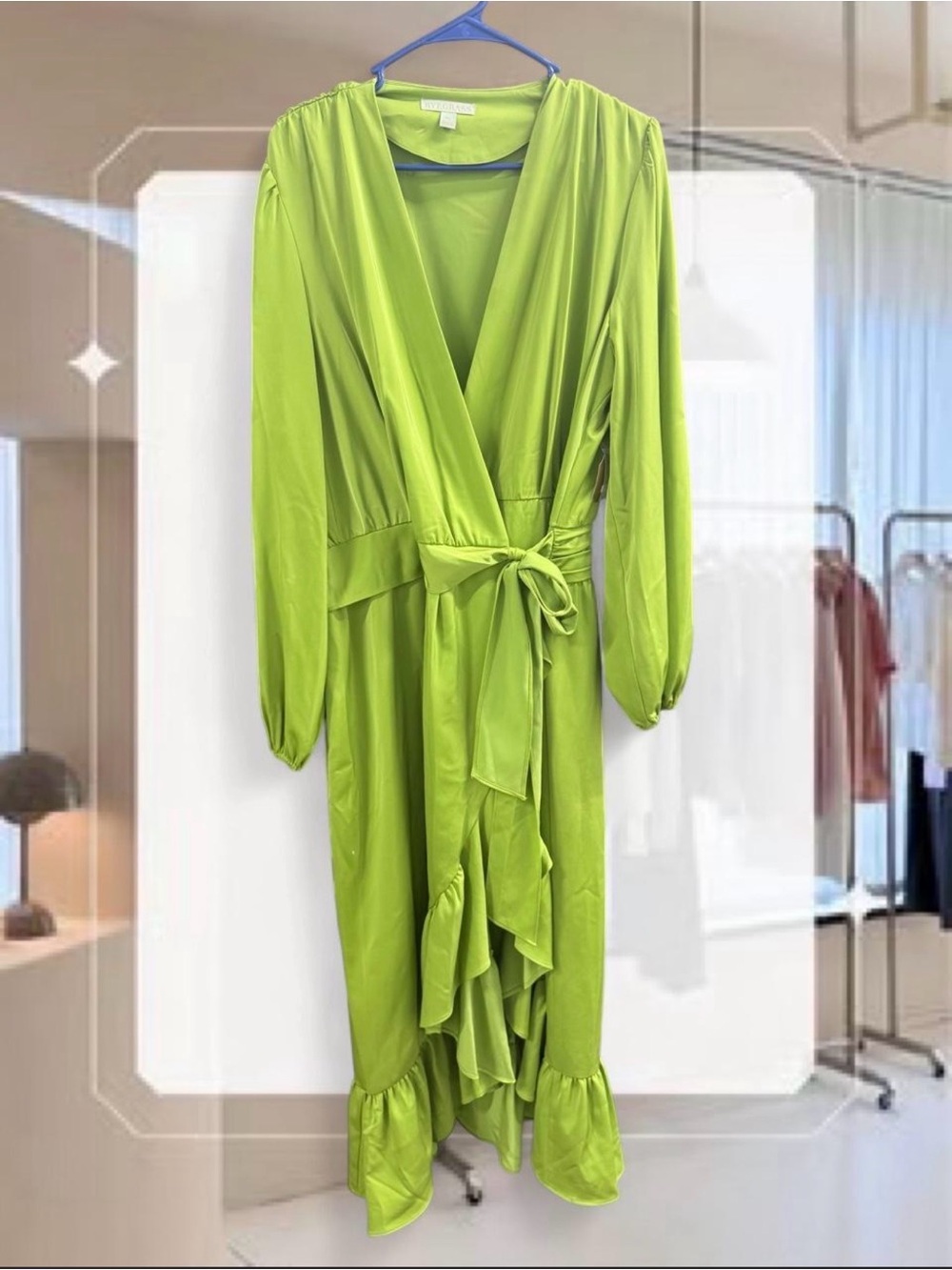 Lime Green Long Sleeve Wrap Dress with Tie Waist